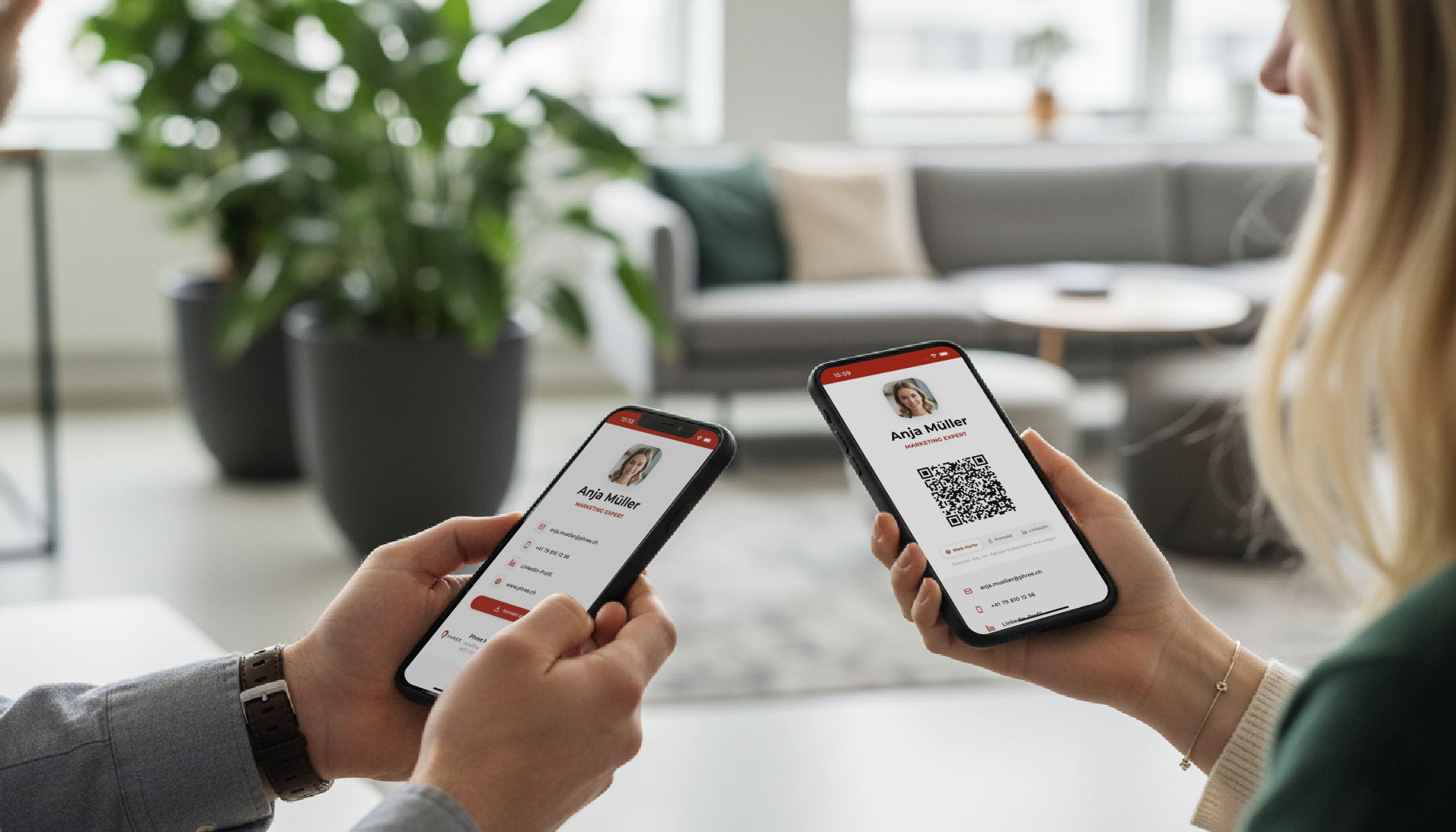 Business professionals sharing contacts